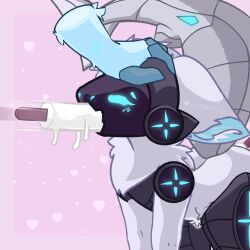 1:1 anal anal_sex anthro ass belly blue_ears blue_eyes dessert doggy_style ears_down english_text food from_behind_position fur heart_symbol hi_res holding_head ice_cream lutheshinything machine male male_focus male_only metal_tail object_in_ass object_in_mouth object_penetration open_mouth oral oral_penetration penetration pivoted_ears protogen protogen_armor protogen_visor sex shark_tail signature simple_background solo tail text white_arms white_belly white_body white_ears white_fur white_tail ych_(character) yuffka_(character)