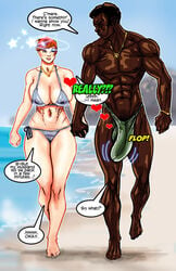 1boy 1girls beach big_bulge big_penis bikini busty cheating cheating_wife dark-skinned_male dark_skin english_text female holding_hands hourglass_figure huge_bulge interracial large_breasts male muscular_male red_hair superposer text voluptuous