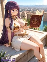 1girls ai_generated background bangs big_breasts book breasts cleavage day daytime egyptian egyptian_clothes feet female fern_(sousou_no_frieren) glossy glossy_skin gold_jewelry huge_breasts legs palm_tree purple_eyes purple_hair pyramid red_oni_ruru river sitting sousou_no_frieren watermark