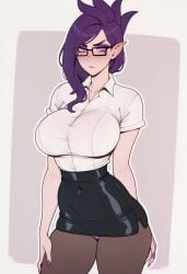 1girls ai ai_assisted ai_generated big_breasts glasses latex league_of_legends miniskirt morgana office_clothing office_lady pantyhose prussia123 purple_hair secretary sexy sexy_body sexy_clothing sexy_female solo solo_female solo_focus thick thick_thighs white_shirt