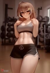 1girls 2d ai_generated ass barefeet big_ass breasts brown_hair erophoenix feet female female_focus full_body gym hairclip hololive hololive_english hololive_english_-council- hololive_english_-promise- indoors looking_at_viewer medium_breasts nanashi_mumei navel patreon_username short_shorts shorts solo solo_female sports_bra sweat thick thick_thighs toes uncensored virtual_youtuber vtuber