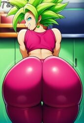 ai_generated ass ass_bigger_than_head ass_focus back_view big_ass clothed clothing dragon_ball dragon_ball_super dragon_ball_z green_hair kefla leggings looking_at_viewer narrow_waist smile smiling spiky_hair sportswear t8r thick_ass thick_thighs thighs viewed_from_behind wide_hips
