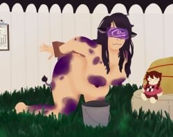 blushing brainwashing bucket cow_ears cow_girl cow_spots cow_tail femsub fence grass happy hay_bed heart-shaped_pupils hucow hypnoposting hypnosis kneeling lactation large_breasts madotsuki milking mind_control plushie purple_eyes purple_hair restrained smile transformation visor