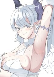 absurdres arm_up armlet armpit_focus armpits blush breasts cleavage closed_mouth collarbone demon_girl demon_horns demon_wings detached_collar dress drill_hair duel_monster earrings female fuheho0706 grey_eyes hair_between_eyes heart heart_earrings highres horns jewelry labrynth_of_the_silver_castle large_breasts looking_at_viewer lovely_labrynth_of_the_silver_castle pointy_ears presenting_armpit short_hair sideboob simple_background smile solo spiked_armlet sweat sweaty_armpits transparent_wings twin_drills white_background white_dress white_hair wings yu-gi-oh!
