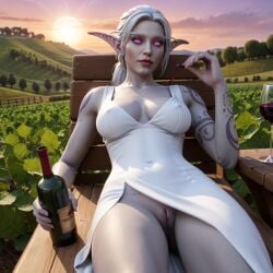 1girls ai_generated big_breasts breasts cozy drinking drunk eye_contact female looking_at_viewer nightborne nightborne_female nipple_bulge nipple_outline nipples nowrin outdoors pink_eyes ponytail pussy pussy_peek romantic solo_female stable_diffusion sunset tattoo tattooed_arm tattoos thick_thighs thighs vineyard warcraft white_dress white_hair wine wine_bottle wine_glass world_of_warcraft