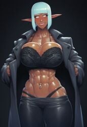 abs ai_generated athletic athletic_female big_ass big_breasts big_butt big_titties bimbo bimbo_body bimbo_lips black_coat bob_cut bra bubble_ass bubble_butt cleavage dark-skinned_female devil_hs_(copied_style) elana_eyrt female fit_female fseekerw glowing_eyes light_blue_hair long_coat muscles muscular muscular_female navel_piercing oc original_character pointy_ears standing tight_clothes tight_clothing tight_pants white_eyes