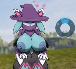 1girls 3_fingers anthro blue_body blue_fur breast_fondling breast_grab breasts breasts_out closed_eyes clothed clothing disembodied_hands eyelashes female female_only fondling fondling_breast front_view furry heart_symbol katress navel pal_(species) palworld paws purple_nipples pushing_breasts_together spudds_ thick_thighs three-quarter_portrait tits_out witch_hat