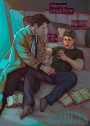 2boys ambiguous_consent angel artist_name bed books bulge bulge_through_clothing castiel_(supernatural) clothed clothed_male dark_hair dean_winchester duo friskypigeon gay human light-skinned_male light_skin male male/male male_only on_bed supernatural_(series) surprised_expression tagme text touching_bulge yaoi
