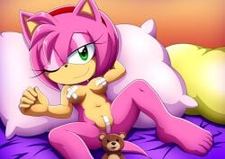 1girls amy_rose barefoot bbmbbf bed breasts feet female female_only functionally_nude green_eyes naked nude nude_female pillow pink_fur sega solo sonic_(series) teddy_bear