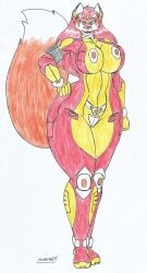 anthro big_breasts big_hips black_fur bodysuit cyan_eyes earrings fox_girl furry ginger_hair hand_on_hip high_heels looking_at_viewer marlon64 mecha_pilot_suit orange_body orange_fur red_hair red_lipstick seductive_smile solo_female traditional_drawing_(artwork) vix_feucer_(waifuland) waifuland white_background white_fur