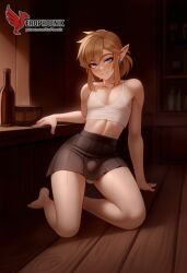 1boy 2d ai_generated ass barefeet big_ass crossdressing crossdressing_male erection erection_under_clothes erophoenix feet full_body link looking_at_viewer looking_back male male_focus navel nude otoko_no_ko pale_skinned_male patreon_username pointy_ears skirt smile soles solo solo_male sweat the_legend_of_zelda thick thick_thighs toes uncensored