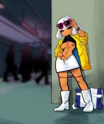 blue_eyes boots bracelet breasts dark_nipples dark_skin eyewear_on_head female jewelry medium_breasts navel nipples no_bra open_clothes panty_pull short_hair skirt solo standing sunglasses underwear vibrator white_hair