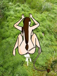 after_sex big_ass big_breasts cow_tail cum_in_pussy cum_leaking hair_over_eyes hulder huldra laying_down long_hair norse_mythology norwegian_hulder