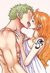 ai_generated artist_request female ginger kissing male nami_(one_piece) nude one_piece orange_hair red_hair roronoa_zoro sfw tattoo tongue towel