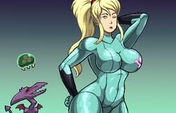 alien arm_behind_head bodysuit dirty-canvas dragon female looking_at_viewer male metroid metroid_(creature) nintendo ridley samus_aran sidelocks zero_suit zero_suit_samus