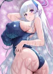 aroused ass_focus aya-cis blue_archive from_behind from_below heart-shaped_pupils huge_ass huge_breasts in_heat licking_lips looking_at_viewer looking_back lust millennium_science_school_student noa_(blue_archive) school_swimsuit seminar_(blue_archive) shower showering steam sukumizu thick_thighs twisted_torso wet wet_skin wide_hips