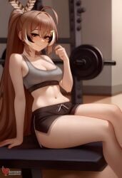 1girls 2d ai_generated ass barefeet big_ass breasts brown_hair erophoenix feet female female_focus full_body gym hairclip hololive hololive_english hololive_english_-council- hololive_english_-promise- indoors looking_at_viewer medium_breasts nanashi_mumei navel patreon_username short_shorts shorts solo solo_female sports_bra sweat thick thick_thighs toes uncensored virtual_youtuber vtuber