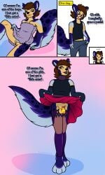 3:5 animal_ears animal_humanoid animal_tail anthro arm_stockings balls blue_body blue_fur bottomwear bow_ribbon brown_eyes brown_hair chastity_cage chastity_device clothed clothing clothing_lift collar comic cuntboy cuntboy_to_futa dickgirl dot_eyes ear_piercing ear_ring english_text exhibitionism exposed_shoulder eyeshadow female feminization flashing fur furry furry_arms furry_legs futa_transformation futanari gender_play gender_transformation genitals hair hi_res humanoid humor intersex laurie_(star-twinkle) legwear lipstick looking_at_genitalia makeup mammal mammal_humanoid markings mtf_crossgender original_character penis penis_growth piercing ring_piercing rodent rodent_humanoid rule_63 sciurid sciurid_humanoid shoulderless_clothing simple_eyes skirt skirt_lift small_penis snout solo spots spotted_markings star-twinkle stockings text towel towel_only trans_(lore) trans_man_(lore) trans_woman_(lore) transformation tree_squirrel_humanoid vulva