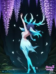 ai_assisted ai_generated aqua_hair artist_name blue_hair breasts coral dated female field flirtzy.ai floating_hair flower from_behind hydrangea leaf long_hair lotus medium_breasts nude petals petals_on_liquid purple_flower purple_rose signature solo water wind wisteria