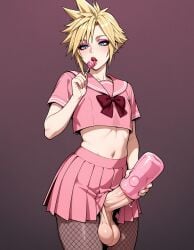 1boy ai_generated artificial_vagina cloud_strife crop_top eyeshadow femboy fishnets flat_chastity_cage lipstick lolipop masturbation pantyhose sagging_balls serafuku