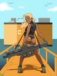ass blonde_female blonde_hair blonde_hair blonde_hair_female blue_eyes bridge dark-skinned_female dark_skin fortune_(mgs2) hatnshades leotard looking_at_viewer metal_gear_solid metal_gear_solid_2 over_the_shoulder pale_blue_eyes railgun self_upload
