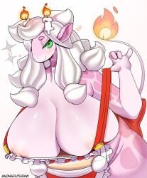 1girls anonsouthpaw apron apron_only areolae big_breasts blush borrowed_character candle candles cleavage female female_only giraffe giraffid green_eyes hi_res huge_breasts kame_3 large_breasts looking_at_viewer mammal narrowed_eyes nipples one_nipple_out purple_body smiling smiling_at_viewer solo white_background