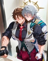 2boys ai_generated angel_wings boner gallagher_(honkai:_star_rail) gay honkai:_star_rail honkai_(series) male_only muscular muscular_male sunday_(honkai:_star_rail) trousers yellow_eyes