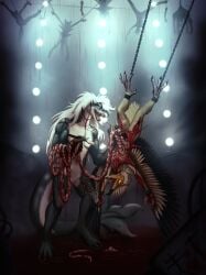 accipitriform ambiguous_gender ankles_tied anthro avian beak bird blood blood_pool bodily_fluids bound chained chains corpse death digital_media_(artwork) digitigrade disembowelment event_horizon_(film) feathered_wings feathers feet fingers frostbite80_(artist) gore gore_focus guts hair hands_tied hi_res holding_object holding_scalpel intestines leopard_seal long_hair male mammal marine medical_instrument nude open_beak open_chest open_mouth organs pinniped rib_cage scalpel scientific_instrument seal smile standing surgical_instrument tail tail_feathers teeth upside-down vulture winged_arms wings