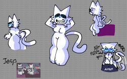 1boy 1girls 2d 2d_(artwork) anon anthro black_nipples blue_blush blue_eyes blush cat_girl cat_humanoid cat_tail catgirl cowgirl_position dripping feline female first_porn_of_character furry gray_background grey_mouth hands_behind_head male moaning naked oc original_character presenting reference_sheet self_upload sharp_teeth sitting standing tail_wagging watermark wet white_body white_fur white_tail
