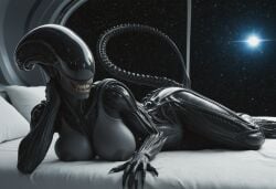 ai_generated alien alien_(franchise) alien_girl beautiful big_breasts black_body breasts female female_focus female_only femomorph fit fit_female in_heat laying_down laying_on_bed looking_at_viewer posing posing_for_the_viewer realistic seductive seductive_look seductive_smile sexy sexy_body sexy_pose spaceship_interior tail tits_out voluptuous wide_hips xenomorph