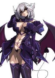 1girls absurdres aoi_tabane azur_lane breasts cleavage corruption cosplay dark_persona demon_girl demon_horns demon_tail demon_wings female female female_only gloves heart_maebari highres horns kouyoku_senki_exs-tia large_breasts lilistia looking_at_viewer low_wings maebari navel pubic_tattoo red_eyes revealing_clothes shaded_face short_hair simple_background sirius_(azur_lane) solo stomach succubus tail tattoo thighhighs thighs white_background white_hair wings