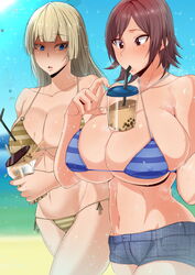 2girls abs alternate_breast_size asian asian_female beach big_breasts bikini blue_eyes breast_envy breasts bubble_tea bubble_tea_challenge cleavage drink drinking_straw emilie_de_rochefort female female_only hotpants hourglass_figure huge_breasts kazama_asuka large_breasts mucc namco short_hair striped_bikini tekken