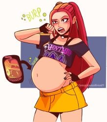 big_belly burp burping choker crop_top female female_only food_in_stomach full_stomach hand_to_own_mouth kpop_demon_hunters long_hair loud_burp mira_(kpop_demon_hunters) open_mouth red_hair skirt stuffed_belly