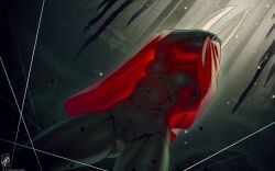 16:10 anthro arthropod big_breasts black_body bondage bound breasts cave cloak clothed clothing female genitals hi_res hollow_knight hornet_(hollow_knight) insects navel nipples pussy raised_clothing red_cloak red_clothing restraints rope rope_bondage rope_harness segmented_body solo stalactite team_cherry themaestronoob thick_thighs white_body wide_hips widescreen