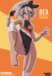 1girls abs adapted_costume areolae armpits ass bare_shoulders barefoot bea_(pokemon) big_ass blonde_hair blue_eyes bodysuit breasts cameltoe cleavage clothed crisisbeat dark-skinned_female dark_skin eyelashes feet female female_only fit gloves hairband leg_up looking_away moulinbrush muscular muscular_female nintendo nipples orange_background pokemon pokemon_ss pose pussy see-through short_hair sideboob small_breasts solo standing text thick_thighs toes url watermark white_border wide_hips