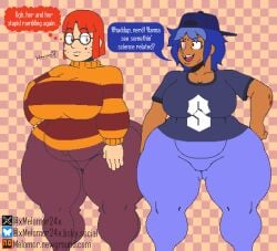 2d 2d_(artwork) 2girls artist_signature big_ass big_breasts breasts cap chloe_(thewastetunnels) clothed daisy_(thewastetunnels) dark_blue_hair dark_skin dialogue female freckles freckles_on_face glasses huge_ass huge_breasts nerd nerdy nerdy_female orange_eyes orange_hair original original_character pants spots sweater text xmelomor24x