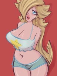 1girls belly_button big_breasts blonde_hair blue_eyes busty cleavage earrings fancylazard hair_over_one_eye light-skinned_female light_skin mario_(series) midriff nintendo princess_rosalina short_shorts shorts sleepwear tank_top thick_thighs thighs