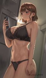 1girls 2025 anteiru anteiru3939 big_breasts black_bra black_panties blush bra brown_eyes brown_hair changing_room coach female female_human fit_female fujisaki_honami hourglass_figure human large_breasts light-skinned_female lingerie lingerie_only locker_room looking_at_phone mature_female navel original panties slim_waist smartphone teacher thick_thighs wide_hips