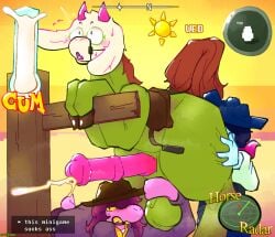 anal animal_genitalia animal_penis anthro ball_tugging balls bodily_fluids catjam_(artist) clothing cowboy_hat cowboy_outfit cum cumshot deltarune desert dialogue dialogue_box egg ejaculation equid equine equine_genitalia equine_penis eyewear feral gameplay_mechanics genital_fluids genitals glasses group group_sex hat headgear headwear horse kris_(deltarune) male mammal musk musk_clouds oral penis ralsei ralsei_horse rimming saddle sex shocked sun susie_(deltarune) sweat sweatdrop text threesome trio undertale_(series) user_interface