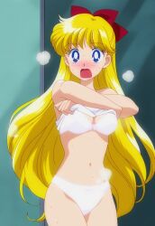 1girls ai_generated alluring bishoujo_senshi_sailor_moon blonde_hair blue_eyes bra caught_undressing cleavage medium_breasts minako_aino panties sepia_tone_(artist) shirt_lift sweat underwear undressing