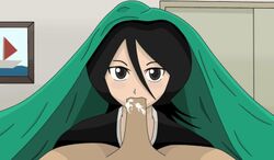 1boy 1girls animated bed bedroom black_hair bleach blowjob blush clothed_female_nude_male clothing cum_from_mouth cum_from_nose cum_in_mouth edit fellatio female kuchiki_rukia looking_at_viewer male oral penis_in_mouth pov sheet teenager under_covers white_skin