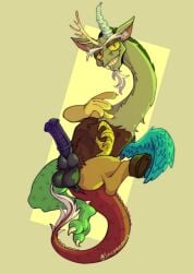 claws creature discord_(mlp) fangs full_body green_background holding horns looking_at_viewer my_little_pony_friendship_is_magic no_humans red_eyes sharp_teeth simple_background sitting smile standing teeth