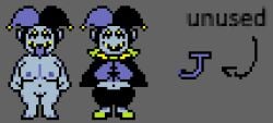 1girls breasts breasts_out chubby chubby_female clothed_female colored_nipples deltarune deltarune_chapter_1 genderbent genderswap_(mtf) jester jester_girl jester_hat jester_outfit jevil_(deltarune) nsfwfromd nude nude_female pixel_art rule_63 self_upload solo solo_female solo_focus sprite tagme tongue tongue_out undertale undertale_(series)