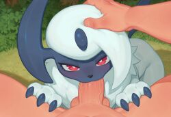 absol ai_generated ambiguous_gender anthro balls bodily_fluids canid canine duo fellatio feral first_person_view fur generation_3_pokemon genitals hair human human_on_feral interspecies looking_at_viewer male male/ambiguous mammal nintendo oral penile penis pokemon pokemon_(species) pokephilia red_eyes sex tuft white_body white_fur zoophilia