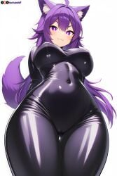 ai_generated big_breasts bodysuit breasts cameltoe curvy cute dog_ears dog_girl doggirl female female_focus highres hips huge_boobs huge_breasts kemonomimi latex light_skin light_skinned_female long_hair patreon_username petgirl petite png purple_ears purple_eyes purple_hair purple_tail self_upload skin_tight thick_thighs thighs tight_clothing tori toriwoofs watermark wavy_hair white_skin white_skinned_female wide_hips wolf_ears