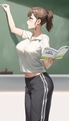 1girls 2024 anteiru anteiru3939 big_breasts brown_eyes brown_hair chalk chalkboard coach female_human fit_female fujisaki_honami hourglass_figure human large_breasts light-skinned_female mature_female midriff midriff_baring_shirt navel original ponytail slim_waist teacher track_pants wide_hips