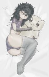 1boy ass barsik_chiter big_ass big_thighs blush crossdressing femboy glasses hugging_object long_hair male oc panties penis_in_panties plushie sleeping thighhighs thighs topwear