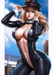 1girls big_breasts black_bodysuit blonde_hair bodysuit breasts brown_eyes camie_utsushimi canonical_scene cleavage dandon_fuga female female_only hat hero_outfit_(mha) human large_breasts latex latex_suit light-skinned_female light_skin long_hair looking_at_viewer my_hero_academia navel open_clothes peaked_cap pinup pussy shiketsu_high_school_cap solo underboob unzipped unzipped_bodysuit wrist_cuffs