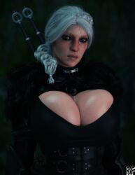 3d big_breasts braid breasts cd_projekt_red ciri clothing curvy_female female freckles green_eyes light-skinned_female looking_at_viewer mascara outdoors rude_frog scar solo solo_female sword the_witcher_(series) the_witcher_4 white_hair