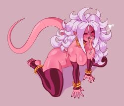 1girls android_21 anklet armwear ass black_armwear black_nails black_sclera black_thighhighs blush bracelet breasts breath curly_hair dragon_ball dragon_ball_fighterz drool drool_string drooling earrings fangs feet fit fit_female hair_between_eyes heart hoop_earrings inviting kneeling legs_spread long_tail long_tongue majin_android_21 messy_hair neck_ring nude on_hands_and_knees pink_body pink_nipples pink_skin pointy_ears red_eyes skindentation solo solo_female stirrup_legwear tail teasing thebeanghost_(artist) thick_thighs thighhighs toeless_legwear tongue tongue_out white_hair